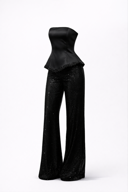 Siyah Straplez Boncuk Detay Abiye Tulum